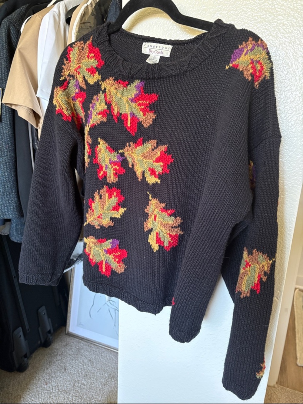Cambridge Dry Goods Black Crewneck Sweater with Multicolor Leaf Accents